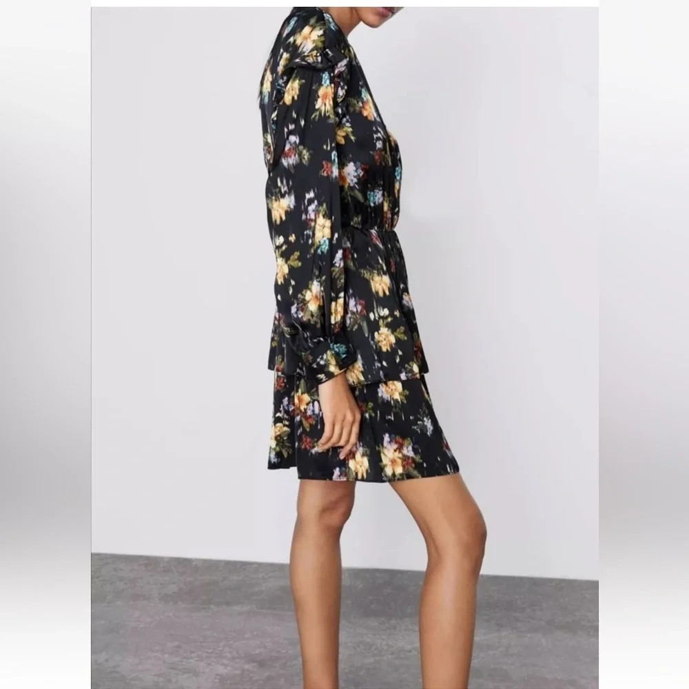 Zara Black Floral Ruffle‎ Mini Long Sleeves Dress Size XS - Picture 13 of 16